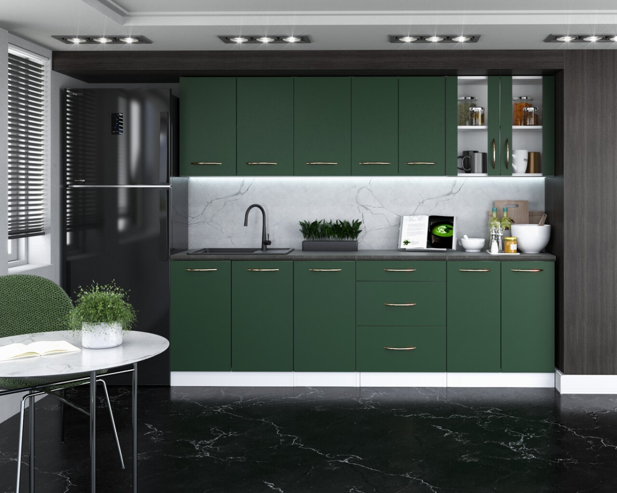 Nova Kitchen Muza 260 cm — Grön + Vit med vitrinskåp